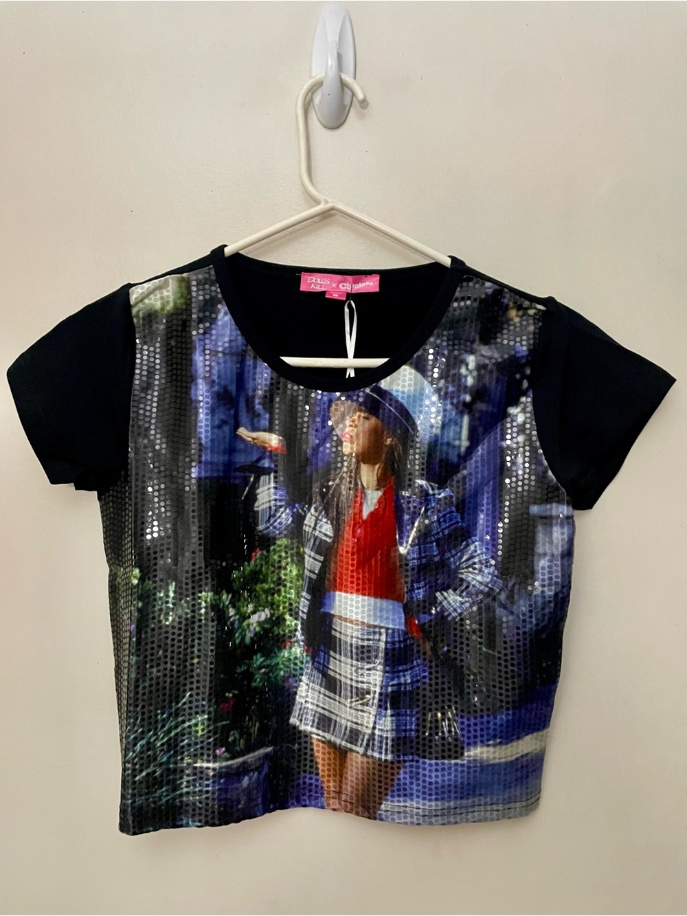 Dolls Kill Clueless Sequin Short Sleeve crop top size small NWT